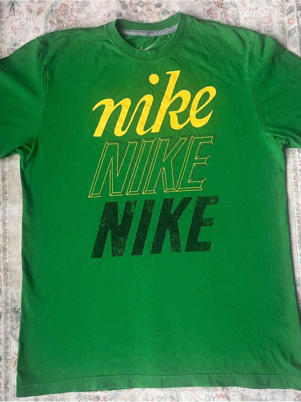 Nike Green Short-Sleeve Logo Tee with Yellow and  Black Distressed Print